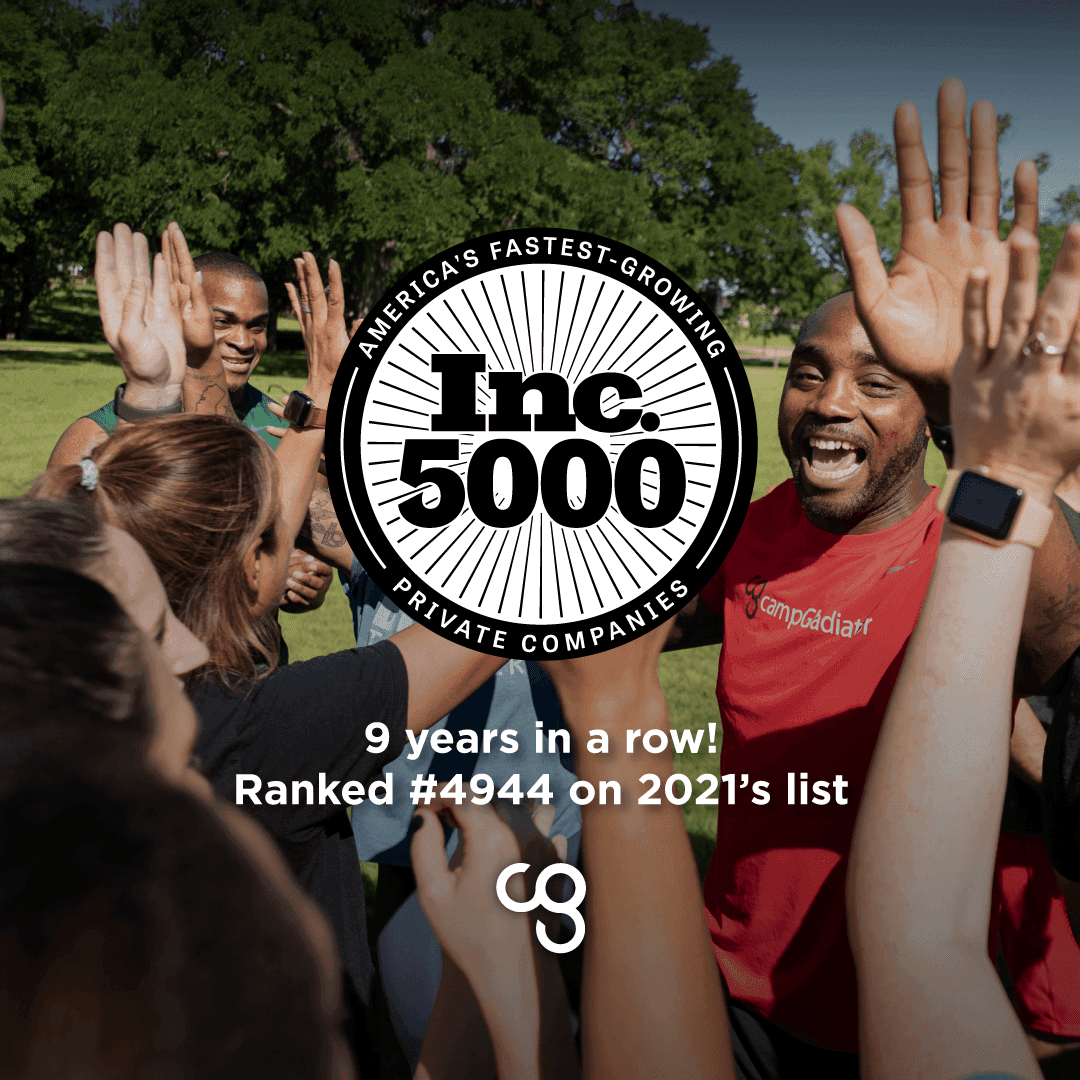 People at a park doing a group high-five with Inc. 500 logo overlaying the photo
